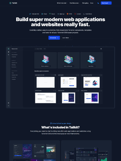 Website screenshot of tailkit.com in dark mode
